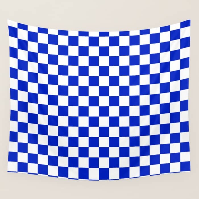 Cobalt Blue And White Checkerboard Pattern Wall Tapestry