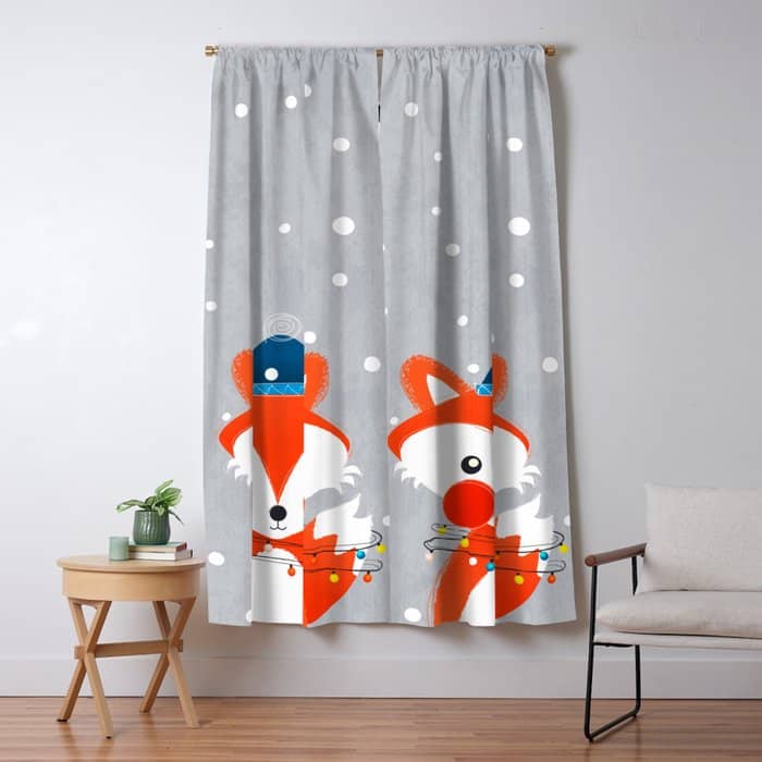 Christmas Fox With Fairy Lights Window Curtain