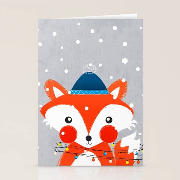 Christmas Fox With Fairy Lights Stationery Card