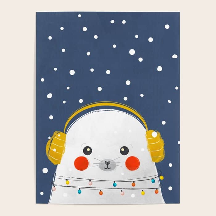 Christmas Baby Seal With Fairy Lights Poster
