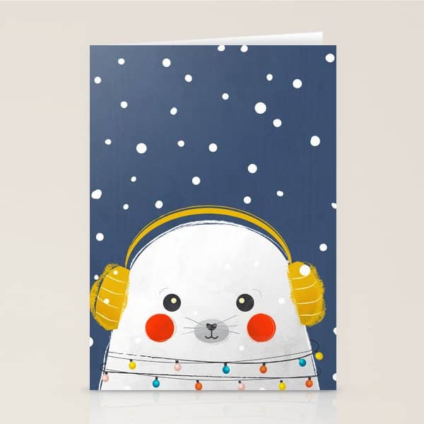 Christmas Baby Seal With Fairy Lights Stationery Card