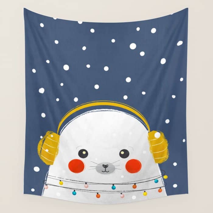 Christmas Baby Seal With Fairy Lights Wall Tapestry