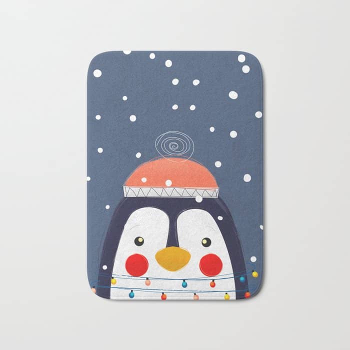 Christmas Penguin With Fairy Lights No2 Bath Mat