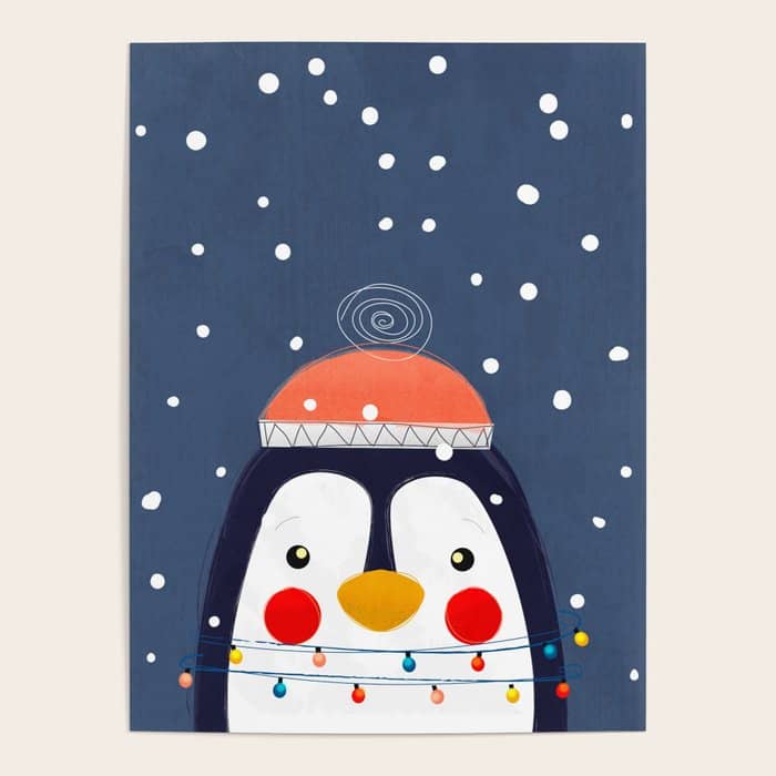 Christmas Penguin With Fairy Lights No2 Poster