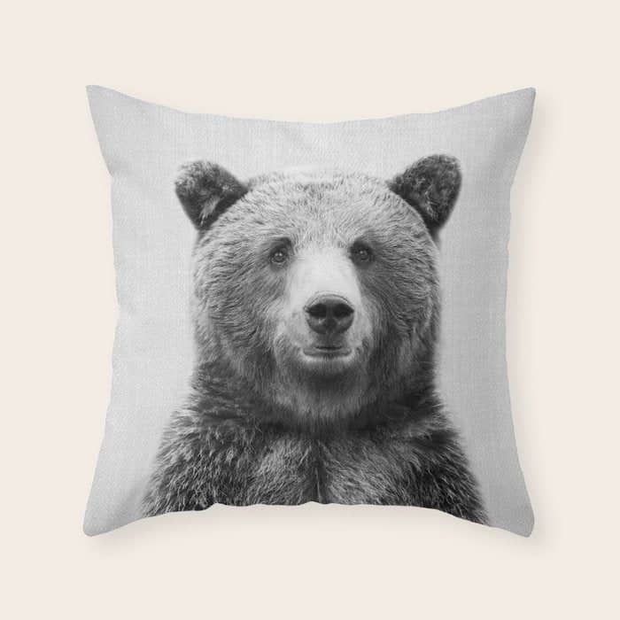 Grizzly Bear - Black & White Throw Pillow