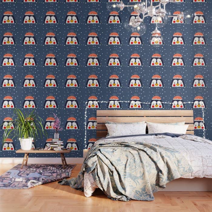 Christmas Penguin With Fairy Lights No2 Wallpaper