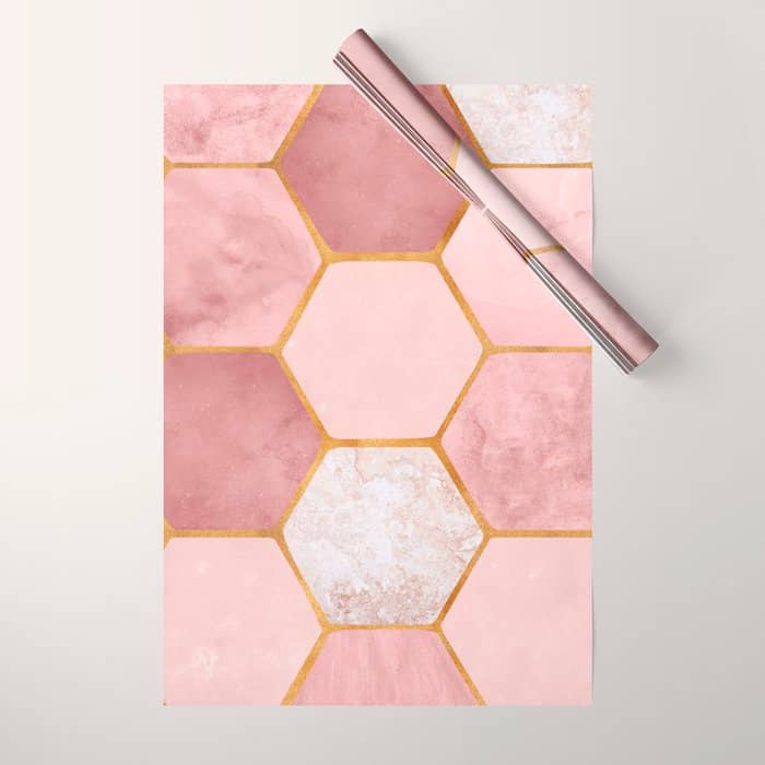 Pink And Gold Hexagon Quartz Wrapping Paper