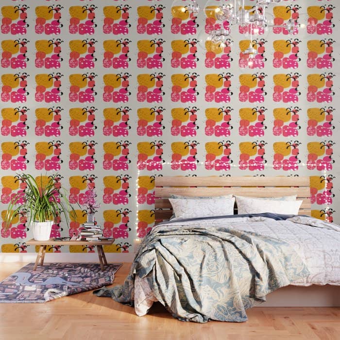 Vintage Fun Minimalist Abstract Colorful Mid Century Modern Yellow Magenta Bubbles With Patterns Wallpaper