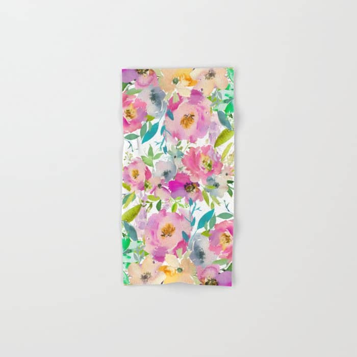 Hand Painted Pink Lavender Lilac Teal Watercolor Elegant Floral Bath Towel