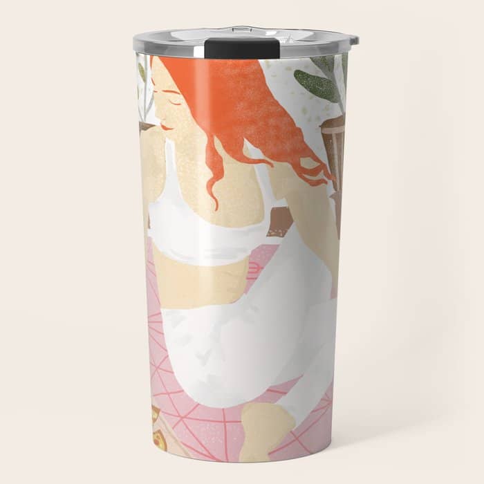 Yoga + Pizza, Red Head Woman Work Out Stay At Home, Ginger Plant Lady Home Decor Food Illustration Travel Mug