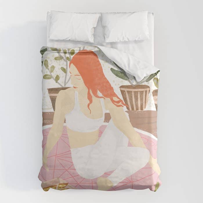 Yoga + Pizza, Red Head Woman Work Out Stay At Home, Ginger Plant Lady Home Decor Food Illustration Duvet Cover
