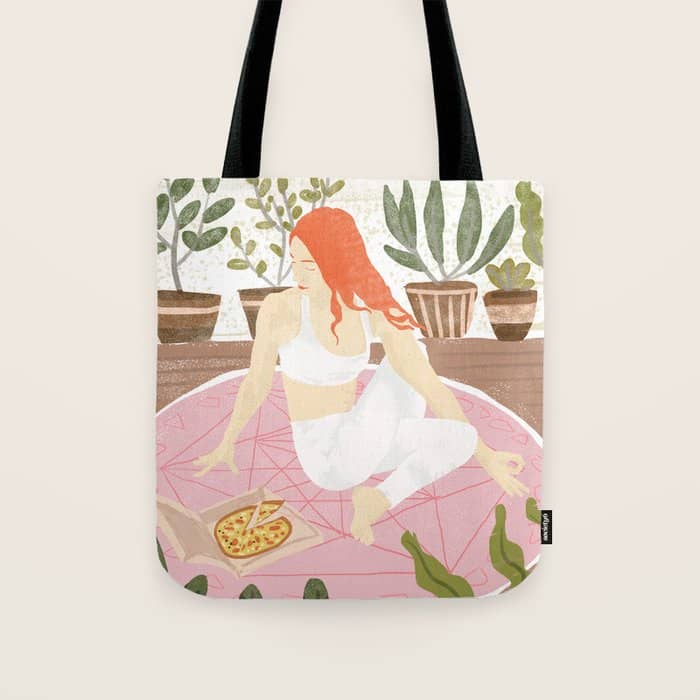 Yoga + Pizza, Red Head Woman Work Out Stay At Home, Ginger Plant Lady Home Decor Food Illustration Tote Bag