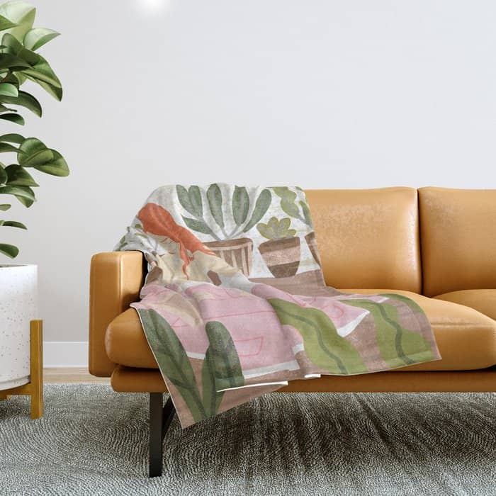 Yoga + Pizza, Red Head Woman Work Out Stay At Home, Ginger Plant Lady Home Decor Food Illustration Throw Blanket
