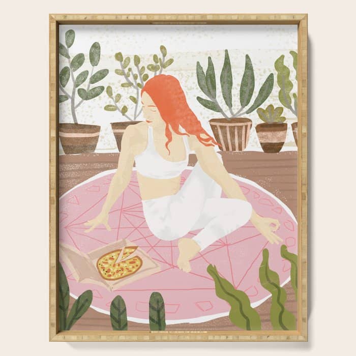Yoga + Pizza, Red Head Woman Work Out Stay At Home, Ginger Plant Lady Home Decor Food Illustration Serving Tray