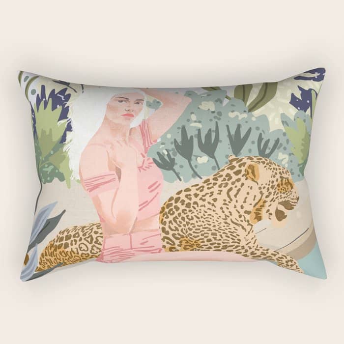 How To Train Your Leopard, Wild Cat Bohemian Woman Painting, Swimming Pool Bikini Summer Swim Animal Rectangular Pillow