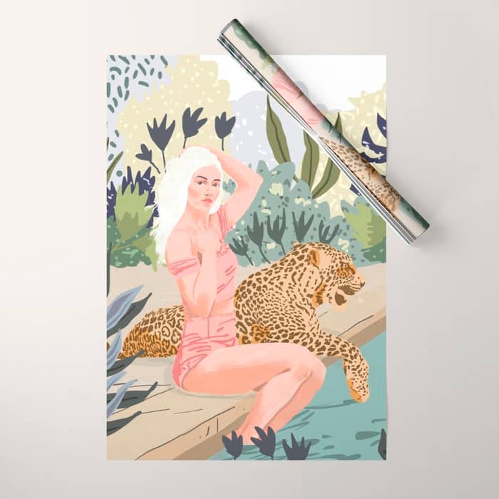 How To Train Your Leopard, Wild Cat Bohemian Woman Painting, Swimming Pool Bikini Summer Swim Animal Wrapping Paper