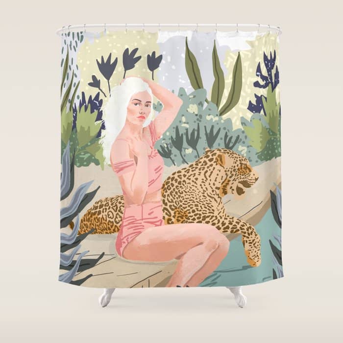 How To Train Your Leopard, Wild Cat Bohemian Woman Painting, Swimming Pool Bikini Summer Swim Animal Shower Curtain