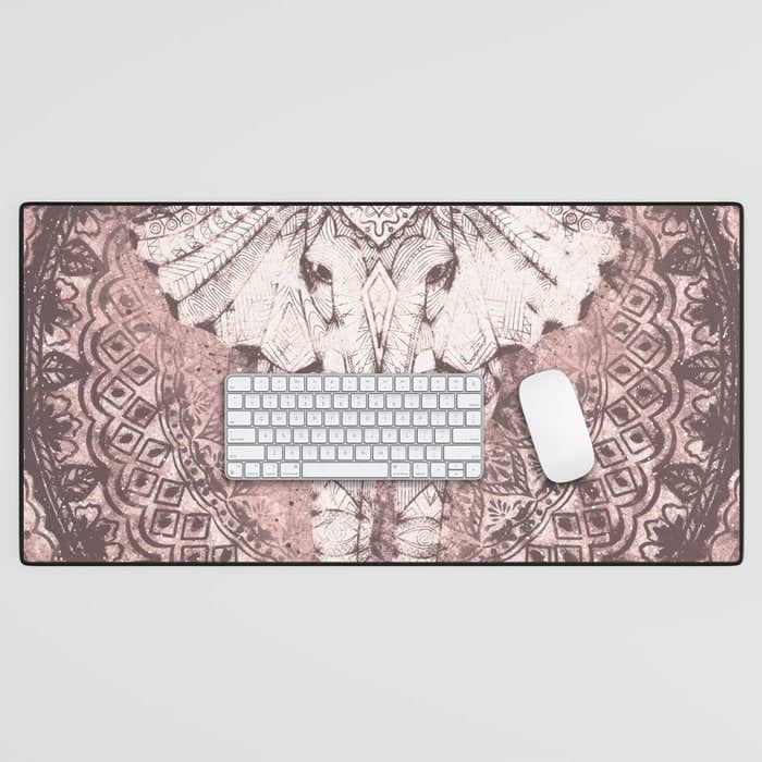 Bohemian, Elephant, Mandala, Blush, Moon Desk Mat