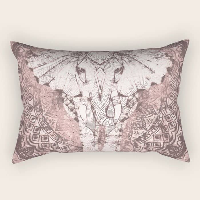 Bohemian, Elephant, Mandala, Blush, Moon Rectangular Pillow