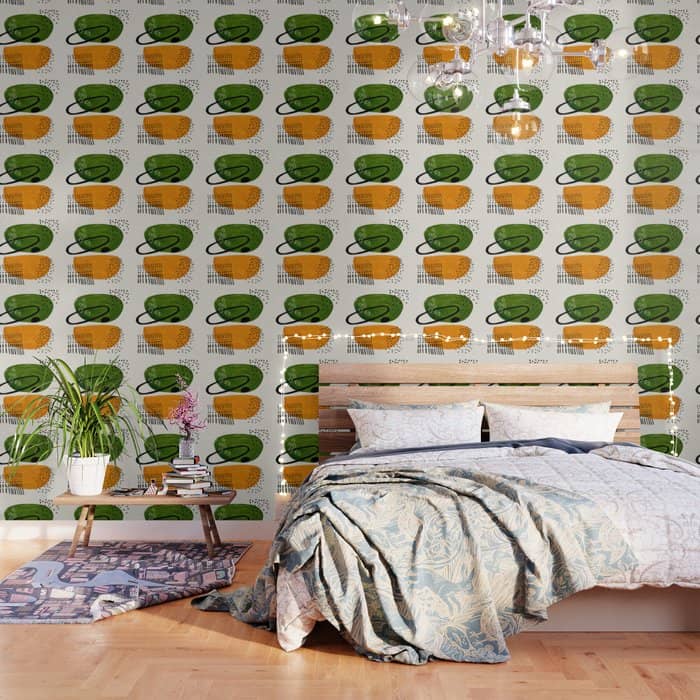 Mid Century Modern Abstract Colorful Art Patterns Olive Green Yellow Ochre Orbit Geometric Objects Wallpaper
