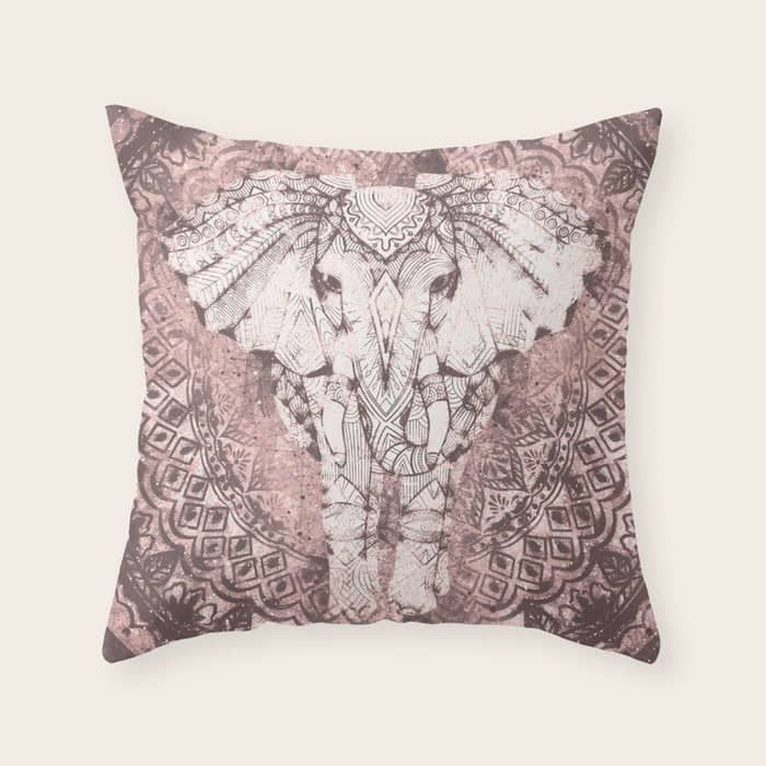 Bohemian, Elephant, Mandala, Blush, Moon Throw Pillow