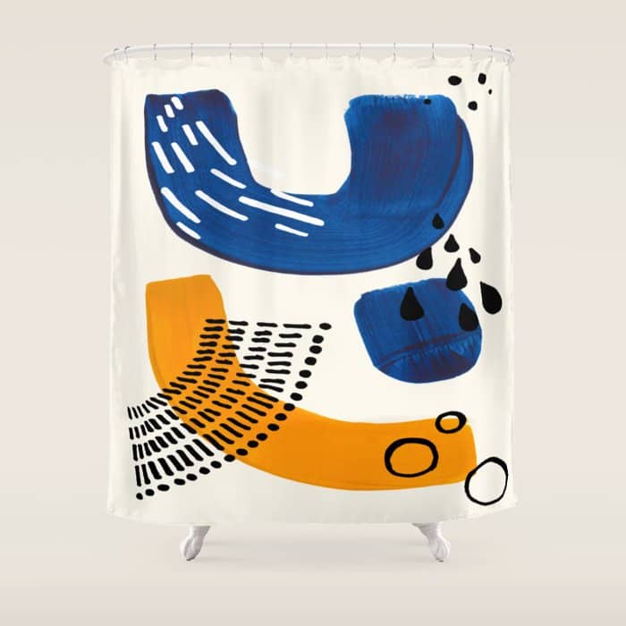 Fun Colorful Abstract Mid Century Minimalist Navy Blue Yellow Organic Shapes Water Drops Patterns Shower Curtain