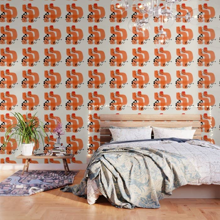 Fun Abstract Minimalist Mid Century Modern Orange Brush Strokes Watercolor Black Pattern Wallpaper