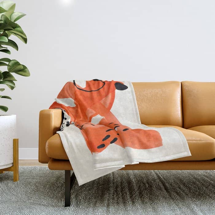 Fun Abstract Minimalist Mid Century Modern Orange Watercolor Ribbons With Black Ink Patterns Throw Blanket