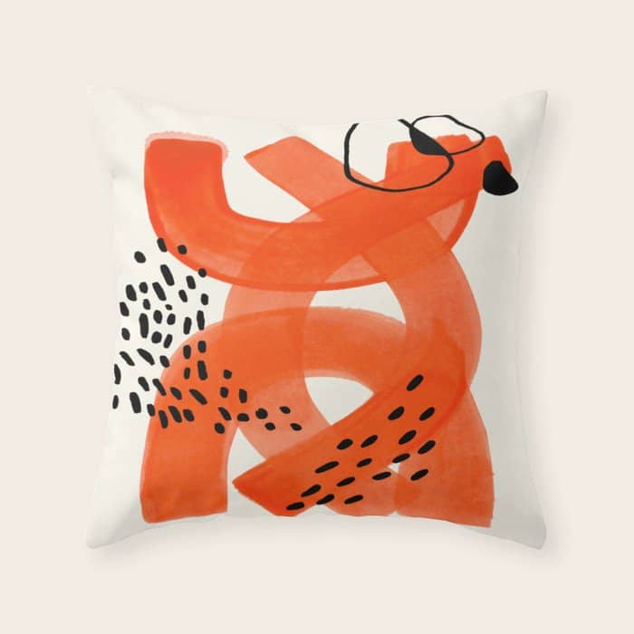 Fun Abstract Minimalist Mid Century Modern Orange Watercolor Ribbons With Black Ink Patterns Throw Pillow