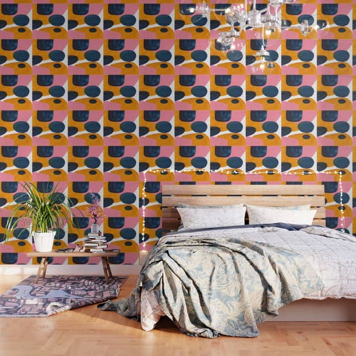 Mid Century Modern Abstract Minimalist Retro Vintage Style Pink Navy Blue Yellow Rollie Pollie Ollie Wallpaper