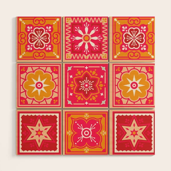Talavera Mexican Tile - Hot Pink & Orange Palette Wood Wall Art