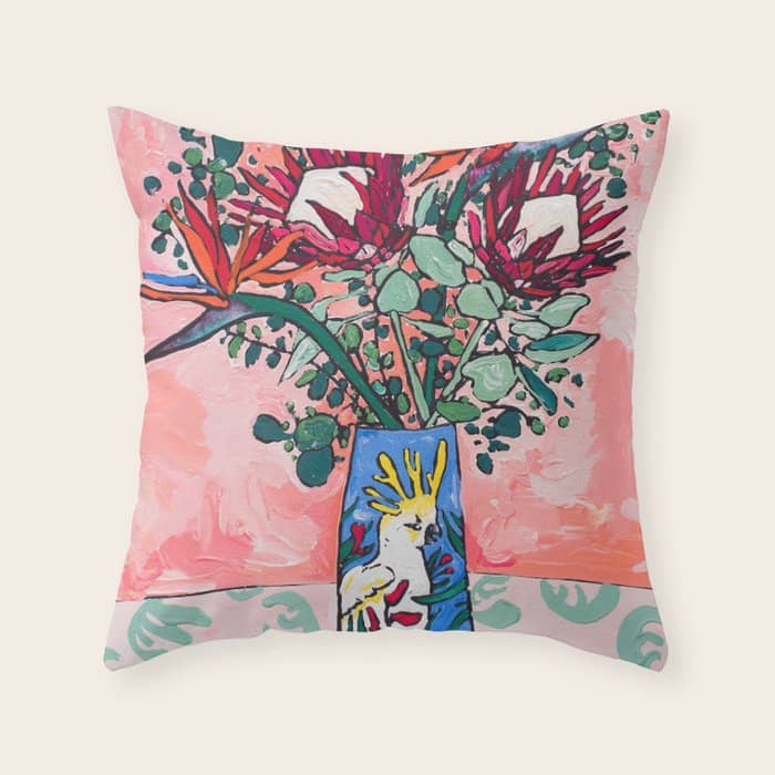 Cockatoo Vase On Painterly Pink Throw Pillow