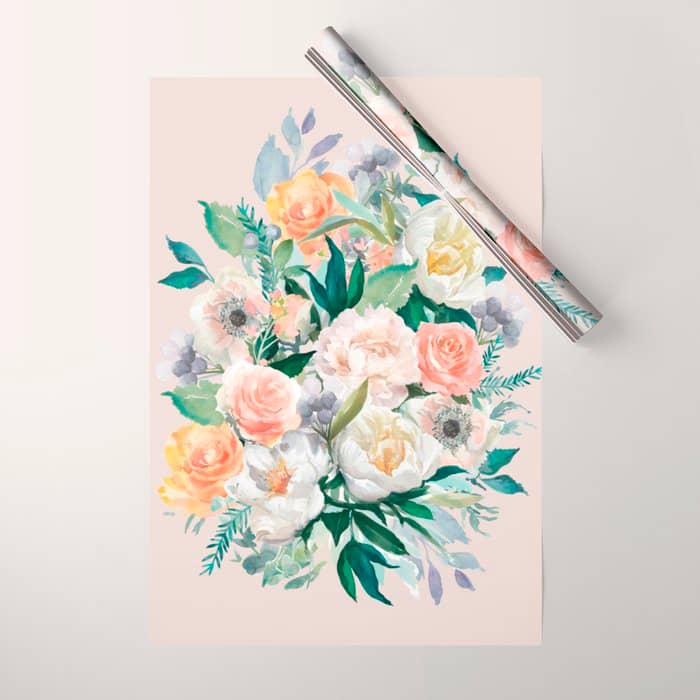 Pastel Flower Bouquet With Roses Wrapping Paper
