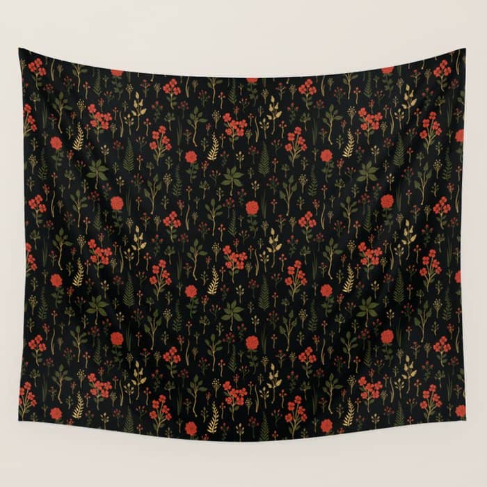 Green, Red-Orange, And Black Floral/Botanical Print Wall Tapestry