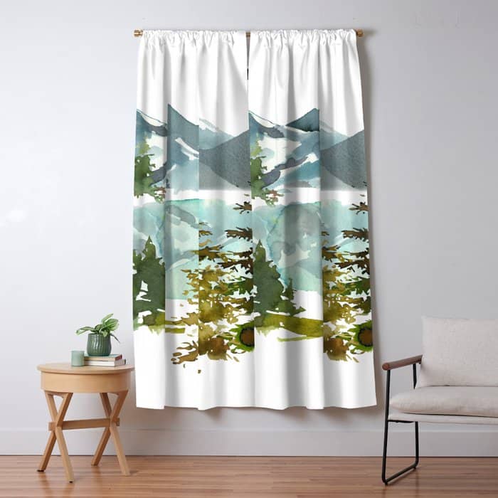 Forest Green Teal Blue Watercolor Hand Painted Landscape Window Curtain