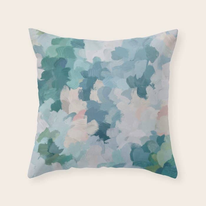 Flowers In The Wind I - Mint Green Sky Blue Teal Blush Pink Abstract Nature Spring Blossom Painting Throw Pillow