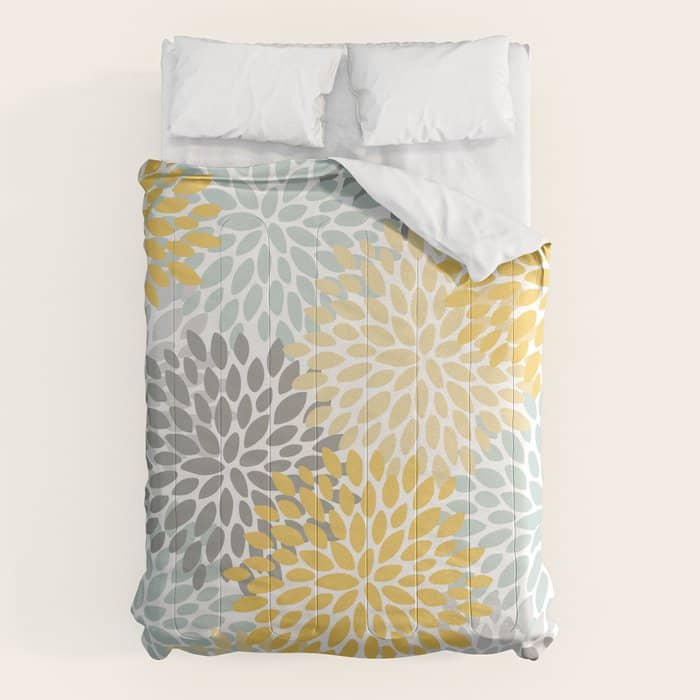 Floral Pattern, Yellow, Pale, Aqua And Gray Comforter