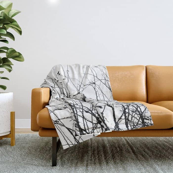 Black White Tree Branch Bird Nature Pattern Throw Blanket