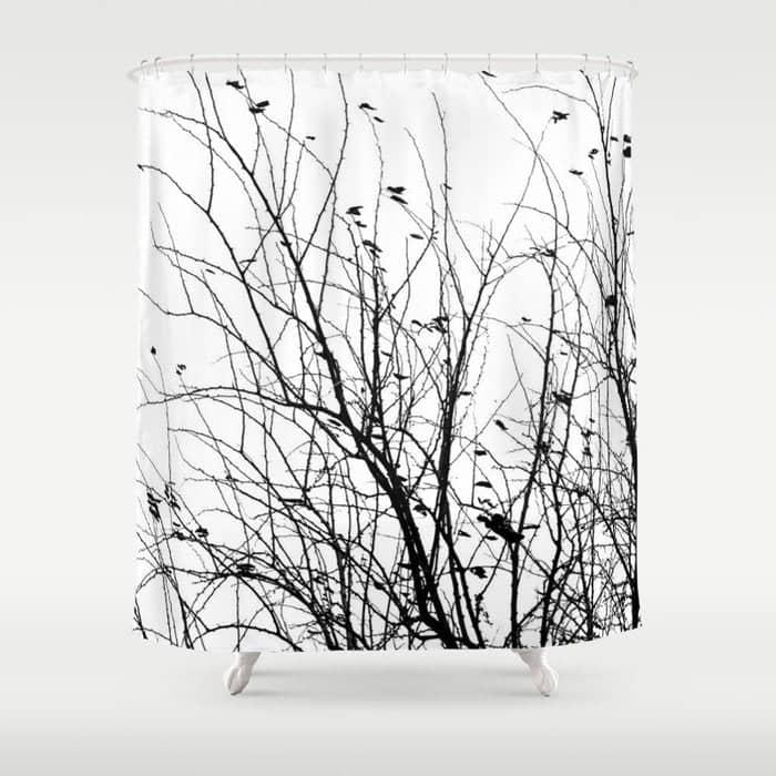 Black White Tree Branch Bird Nature Pattern Shower Curtain