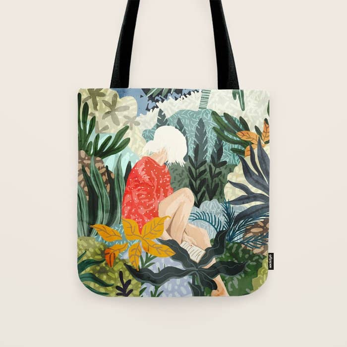The Distracted Reader | Mindfulness Solo Travel | Bohemian Jungle Botanical Mood | Nature Book Lady Tote Bag