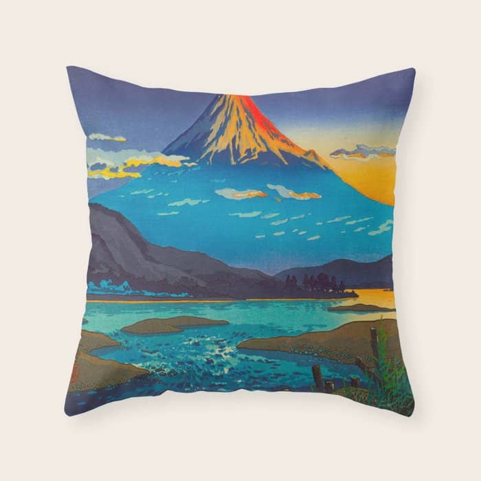 Tsuchiya Koitsu Tokaido Fujikawa Japanese Woodblock Print Sunset Colorful Hues Mountain Landscape Throw Pillow