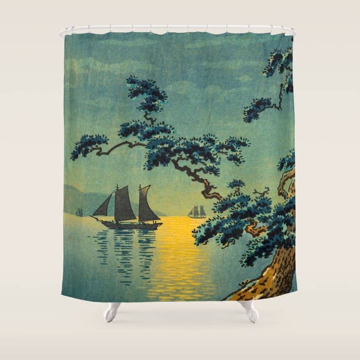 Tsuchiya Koitsu Maiko Seashore Japanese Woodblock Print Night Time Moon Over Ocean Sailboat Shower Curtain