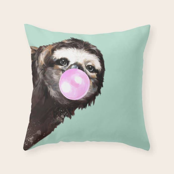 Bubble Gum Sneaky Sloth In Green Throw Pillow