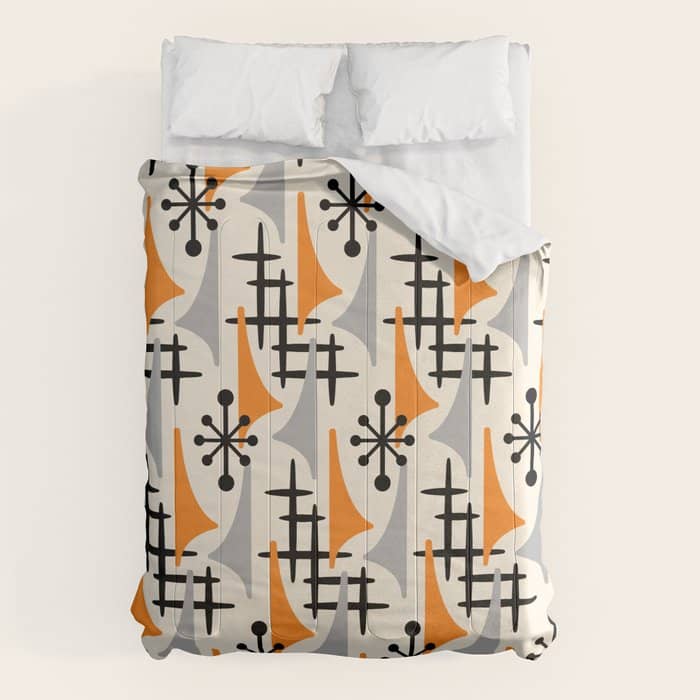 Retro 1950s Style Mid Century Modern Atomic Wing Pattern 834 Googie Orange And Gray Comforter