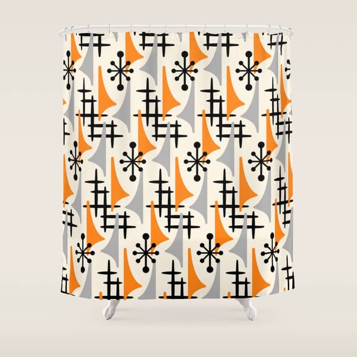 Retro 1950s Style Mid Century Modern Atomic Wing Pattern 834 Googie Orange And Gray Shower Curtain
