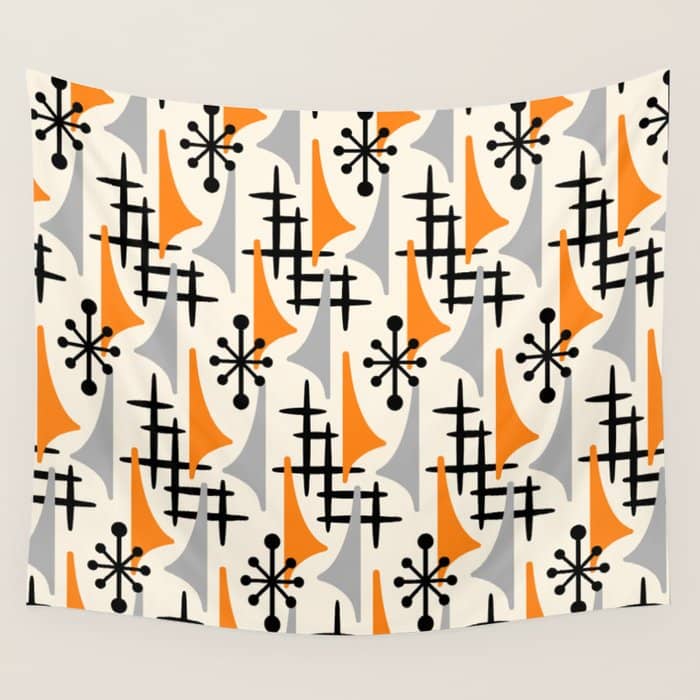 Retro 1950s Style Mid Century Modern Atomic Wing Pattern 834 Googie Orange And Gray Wall Tapestry