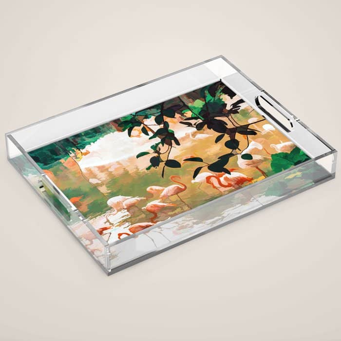 Flamingo Sighting, Jungle Nature Wildlife Birds Painting, Animals Forest Safari Illustration Acrylic Tray