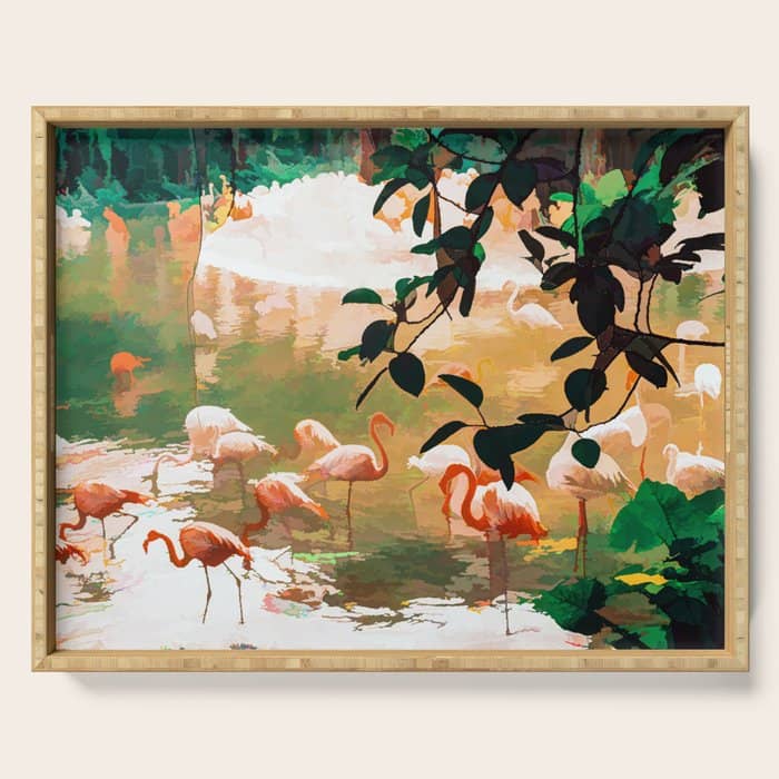Flamingo Sighting, Jungle Nature Wildlife Birds Painting, Animals Forest Safari Illustration Serving Tray