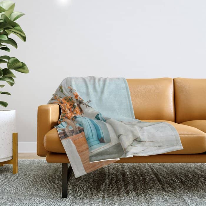 Greece Airbnb, Greece Photography Travel Digital Art, Scenic Landscape Architecture, White Building Throw Blanket