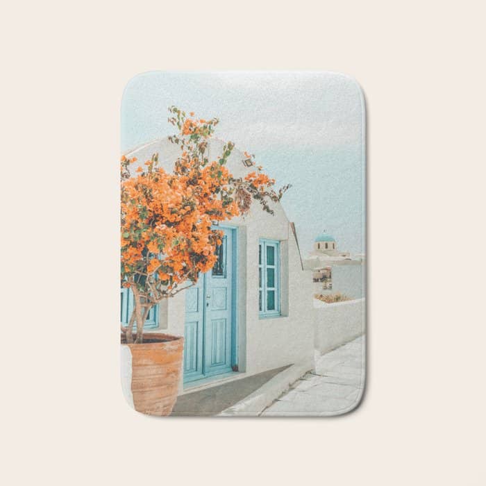Greece Airbnb, Greece Photography Travel Digital Art, Scenic Landscape Architecture, White Building Bath Mat